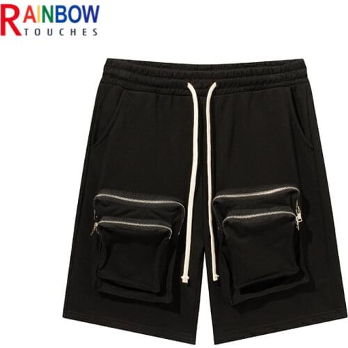 Rainbowtouches 2021 Men New Shorts Double Zipper Pocket Strap Rock Retro High Street Straight Casual Shorts