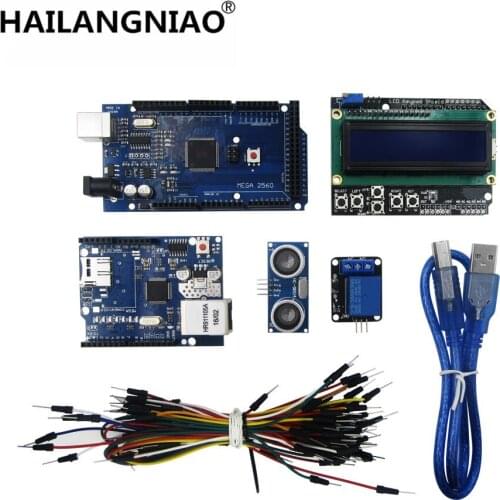 New Mega 2560 r3 fo kit + HC-SR04 +breadboard cable + relay module+ W5100 UNO shield + LCD 1602 Keypad shield