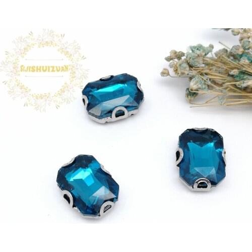 Peacock blue Rectangle Glass Crystal sewing rhinestones with silvery D shape claw Diy wedding dress accessories Free shipping