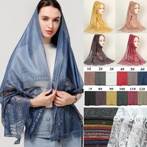 Women Winter Musmin Hijab Scarf Floral Hollow Lace Female Foulard Head Band Scarves Solid Pashmina Shawls Wraps 2020 Fashion