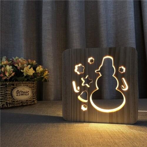 Christmas Snowman Night Light Solid Wood Carved Wooden Table Lamp Romantic Gift