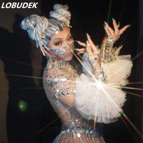 Silver Rhinestones Stretch Voile Gloves Bar Singer Ornament Crystals Stones Short Mittens Party Dancer Show Stage Accessories