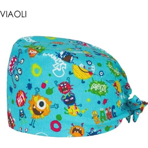 Wholesale Breathable cartoon printing Frosted Cap adjustable Scrubs caps pet shop lab work hats beauty salon Scrub fluffy Cap