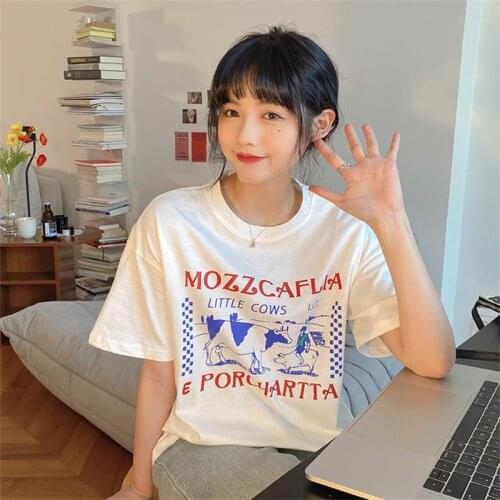 Cartoon Cow Letter Print Loose Tshirt Female Korean Harajuku Womens T-shirts Tops Japanese Kawaii Ulzzang Clothes For Women