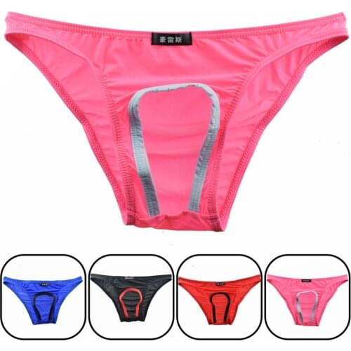 Sexy Men Ice Silk Open Pouch Briefs G-Strings Smooth Breathable Low Rise Underwear U Convex Pouch Erotic Lingerie Gay Wear
