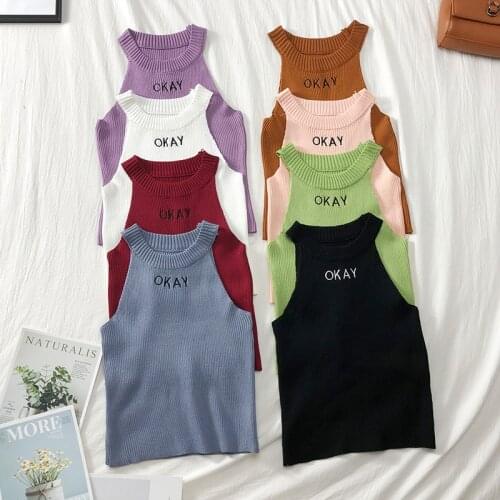 Women Knitting Halter Neck Embroidery Letters Tank Crop Tops Girls Knitted Camisole Sleeveless Cropped T-Shirts For Woman