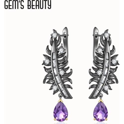 Gems Beauty Statement Earrings For Women Feather Hanging Dangle Earrings Accessories 100% Real 925 Sterling Silver Fine Jewerly