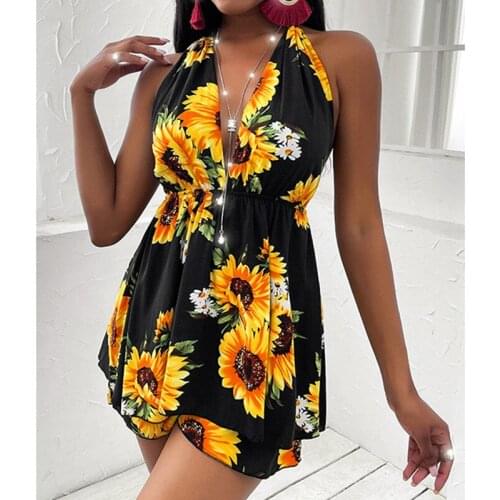 2021 New Style Women Summer Short Mini Dress Sunflower Print Tied Straps Deep V-Neck Backless A-Line Dress for Ladies