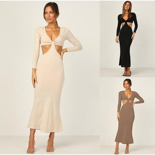 Women Sexy Backless Dress, Adults Solid Color Long Sleeve V-neck Cutout
