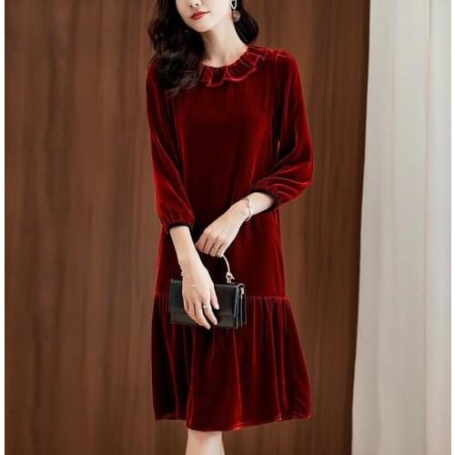 2020 Spring and Autunm women three quarter sleeve Lotus leaf collar velour dress,Winter Ruffled velvet dress plus size 6XL 7XL