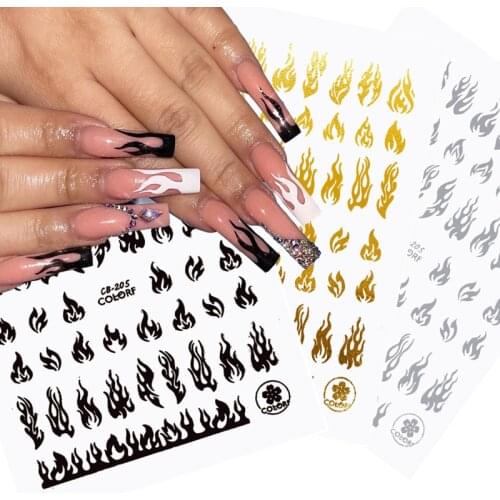 Flame Nail Stickers 3D Holographic Fashion DIY Gold Black White Fire Self Adhesive Manicure Decals Nail Art Decorations 1PCS