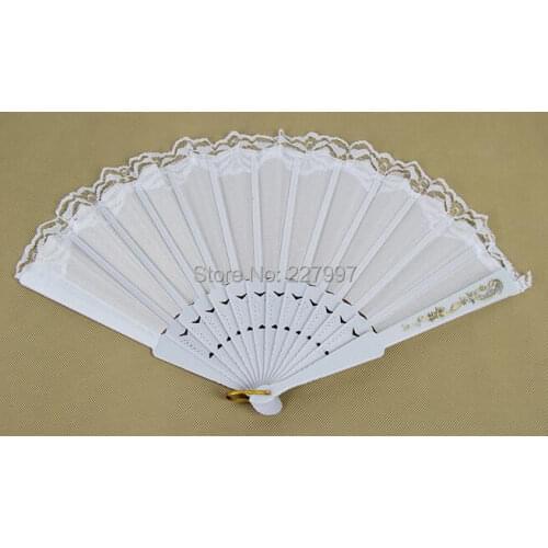 100pc 25*44cm White Folding Fan Silk Lace Engraved Gold Pattern Rib Bridal Fan Decor Photo Booth Props wedding/party decoration