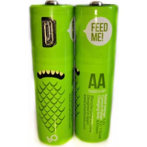 2PCS Hot new 1.2V AA rechargeable battery 1000mAh USB Ni-MH rechargeable battery with Micro-USB fast charging cable
