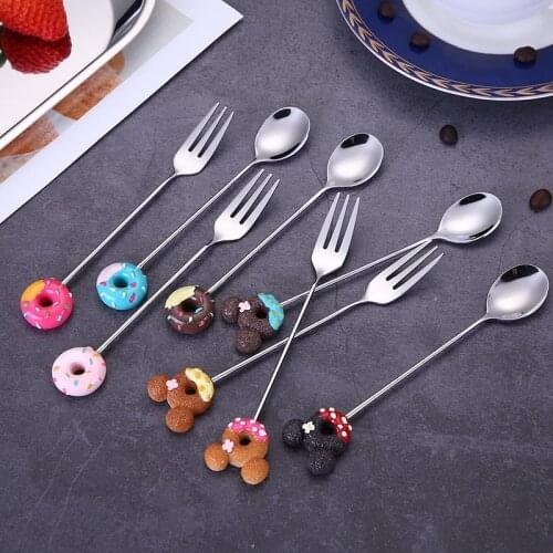304 Stainless Steel Spoon Creative Children Cartoon Donut Coffee Spoon Three Tooth Fruit Fork Household Dessert Fork Spoon