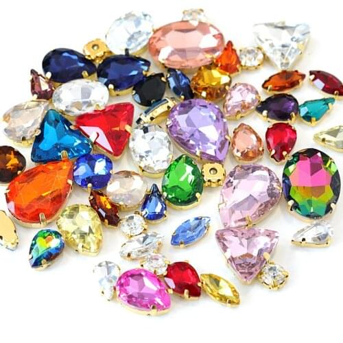 50PCS/pack Mixed Colors Shapes Glass Sew On Rhinestones With Gold Claw Flatback Sew On Claw Rhinestones For Wedding Dress B2362