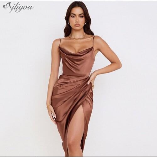 Ailigou Summer Satin Party Dress Brown V-neck Thin Shoulder Straps Split Sexy Mini Dress Ladies Rumpled Tight Elegant Dress