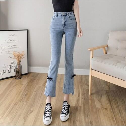 Korean Fashion Split Fork Denim Flared Pants Spring Summer Women High Waist Butterfly Jeans Harajuku Slim Bell Bottom Trousers