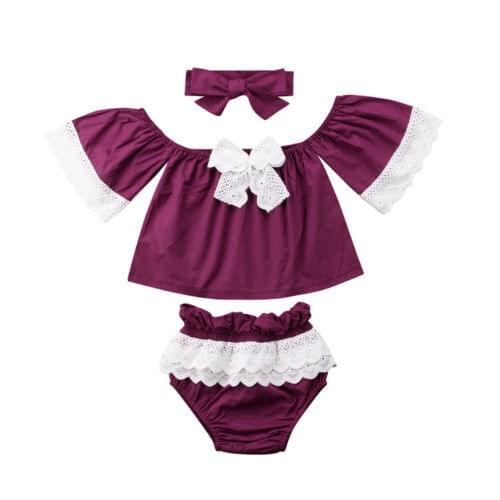 Emmababy 3Pcs Clothes Set!! Toddler Kid Baby Girls Lace Off Shoulder Tops Shorts Hairband Outfits Clothes