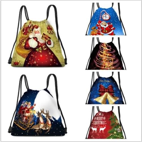 Hot New Santa Claus Christmas Tree Snowmobile Wapiti Bell Printing Cloth Drawstring Backpack Student Lightweight Bag