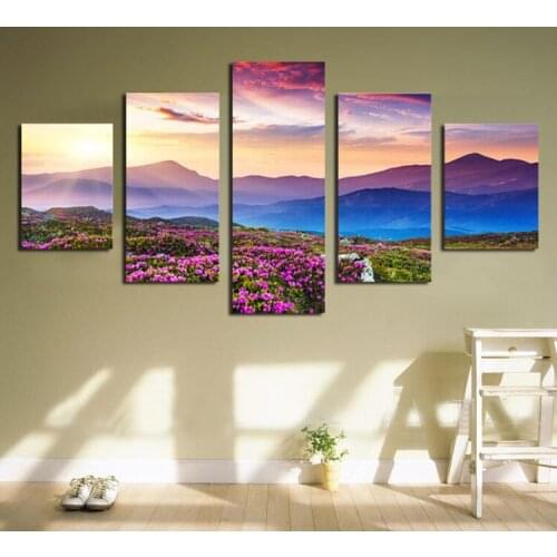 Canvas Wall Art Purple Mountain Landscape Picture Prints Modern Painting Stunning Wildflowers Scenery Artwork for Living Room