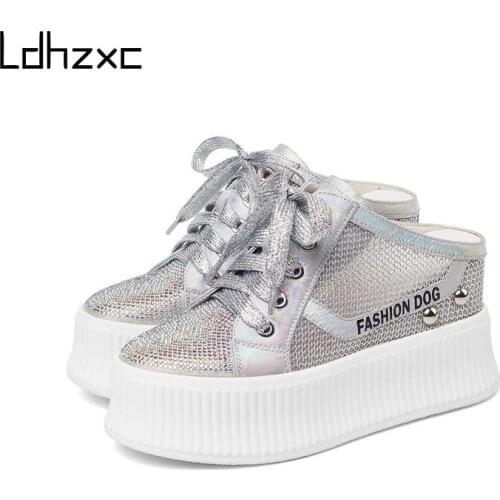 LDHZXC Summer Wedges Slippers Platform High Heels Women Slipper Ladies Lace-up Round Toe Shoes Genuine Leather Slipper Sandals