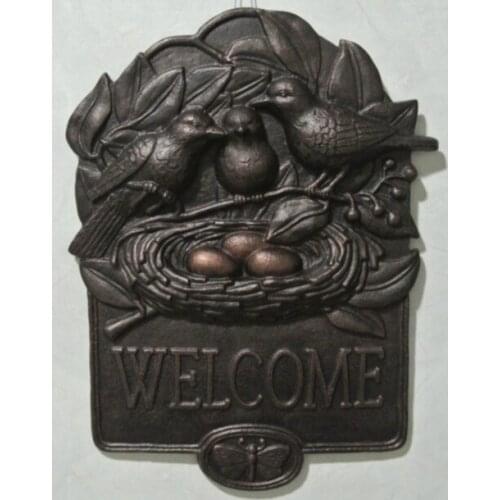 Cast Aluminum WELCOME Plaque Birds' Nest Vintage Metal Hanging Wall Door Decor for Shop Store Bar Pub Restaurant Home Antique