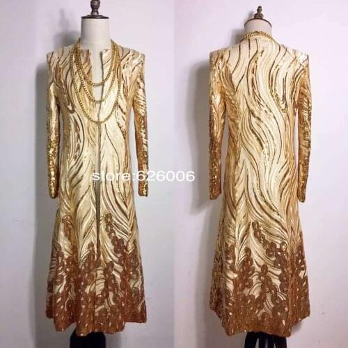 Fashion Cool long designed Super Flash Gold Cloak Jacket Costum Nightclub Male singer DJ Party Show Stage performance costumes