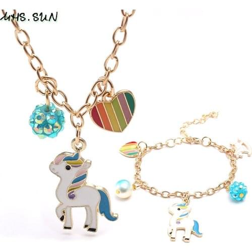 MHS.SUN Girls Kids Cute Unicorn/Heart/Ball Charm Chain Necklace Bracelets Fashion Jewelry Set For Child Toddler Accessories New