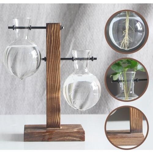Desktop Hanging Glass Libra Planter Bulb Vase Plants Office Desk Wedding Decor with Retro Wooden Stand