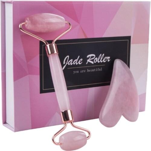 Jade Roller Rose Quartz Roller Gua Sha and Mini Eye Roller Massage Tool Skin Care Set - Face Massager Facial Roller for Beauty