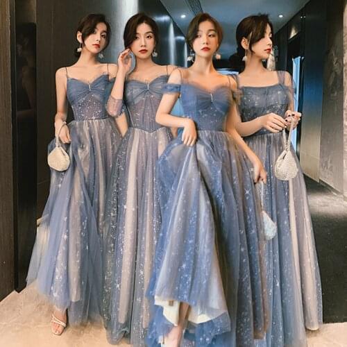 Bridesmaids Dresses V-Neck Short Pearls Pleat Tulle Lace Spaghetti Straps Floor-Length A-Line Blue Women Wedding Party Gown E727