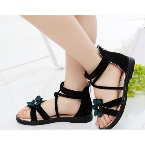 Girl Sandals Summer Shoes Cute Flower Roman Shoes White Green Pearl Beading Open-toe Kids Girls Beach Sandals Kids Shoes Zip