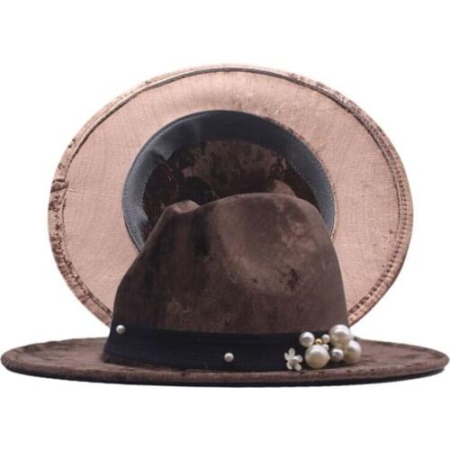 Fedora Hats Band Pearl Casual Outdoor Decorate Panamas Women Hats Golden Velvetl White Felted Hats Jazz Caps Men Women Hats