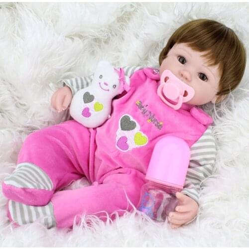 16 Inch 45cm Silicone Reborn Baby Dolls Educational Baby Toys Girls Gift for The New Year Blue Eyes Brown Hair Wig Gift Dolls