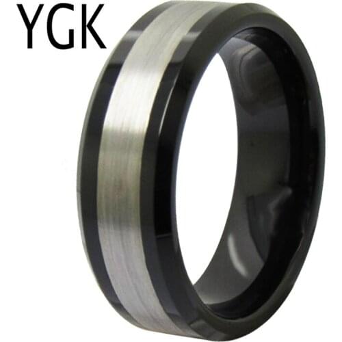 YGK Wedding Jewelry Matte Silver Center Black Bevel Tungsten Rings for Mens Bridegroom Wedding Engagement Anniversary Ring
