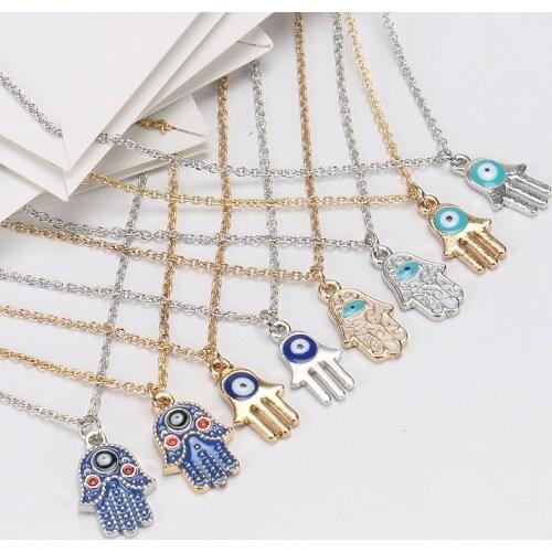 Dayoff Turkish Enamel Evil Eye Hand Hamsa Pendant Necklace Womens European Gold Color Jewelry Clavicle Link Chains N251