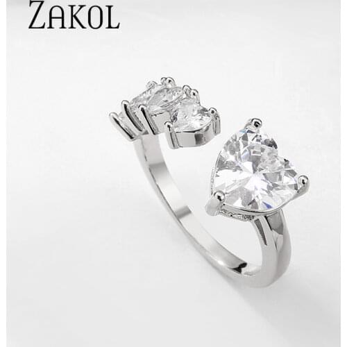 ZAKOL Luxury Heart-shaped AAA Cubic Zirconia Engagement Open Rings for Women Wedding Party Jewelry Fashion 2021 New RP2269