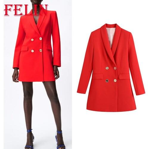Women Office Lady Oversized Long Blazer Za 2021 Chic Red Double Breasted V Neck Elegant Blazer Stylish Vintage Jackets Outwear