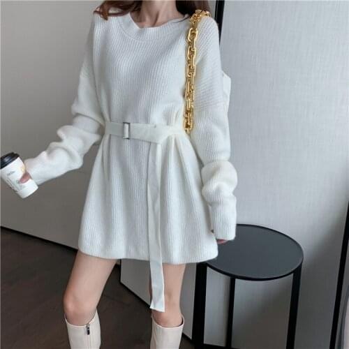 2021 Korea Style Women Winter Warm Short Dress with Belt Long Sleeve Crewneck Knitted Dresses Female
