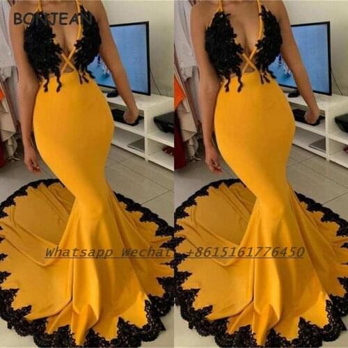2021 Orange Evening Dress Long V Neck Black Appliques Floor Length Sweep Train Elastic Satin Evening Prom Party Gowns