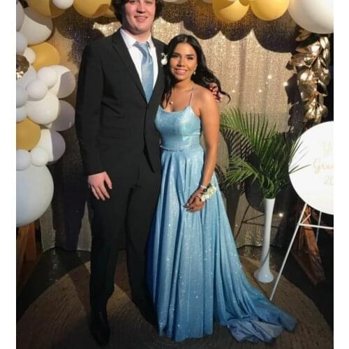 Vintage Long Spaghetti Glitter Prom Dresses with Pockets Mermaid Criss Cross Back Blue Abendkleider Robes de Soirée for Women