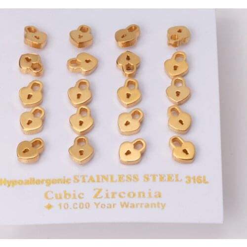 10 Pairs Girl Earrings Cute Style Gold Color Lock Shape Push Back Stud Earring Fashion Jewelry Stainless Steel Small Earrings