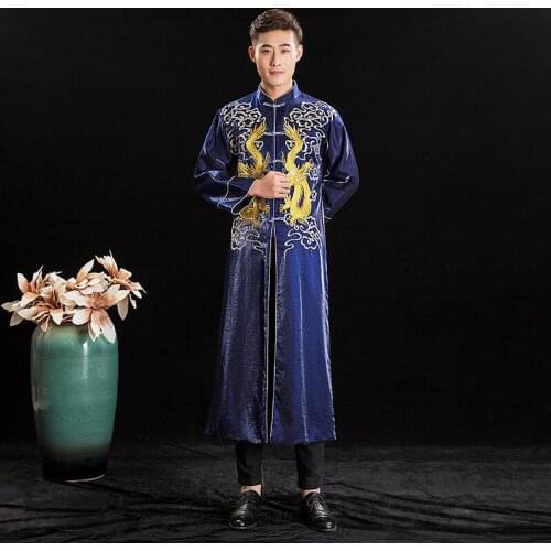 2019 Long Tang Costume Oriental Traditional Dragon Gown Robe Asian Groom New Design Robe Chinese Antique Mens Wedding Clothing