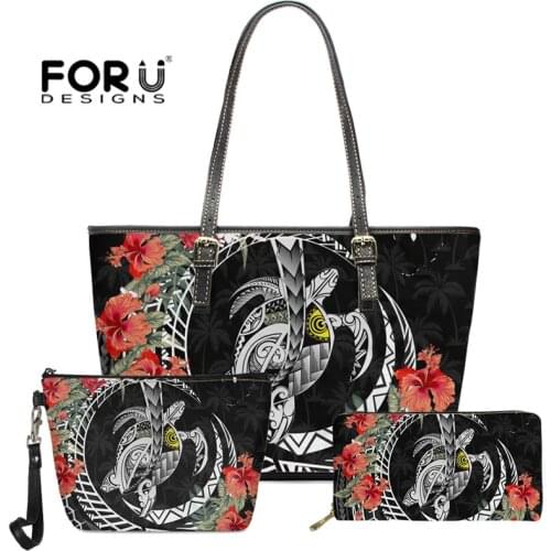 Black Samoan Turtle Shoulder Bag Polynesian Hibiscus Pattern Women Leather Bags Lady Large Totes Vintage Beach Purse 3pcs Set