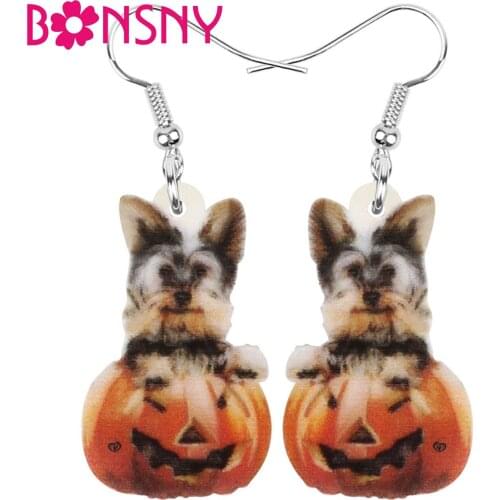 Bonsny Acrylic Halloween Pumpkin Head Yorkshire Dog Earrings Lovely Yorkie Animal Dangle Drop For Women Kid Funny Gift Jewelry