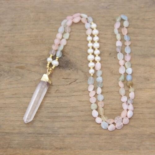 Natural Pearl Morganite Beads Knotted Handmade Boho Necklace Raw Crystal Point Tusk Pendants Mala Yoga Women Jewelry,QC0133