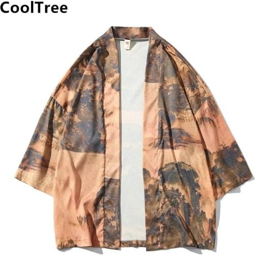 CoolTree Men Japan Style Kimono Jackets Summer Printing Thin light Coats Male Loose Casual Cardigan Outerwear Streetwear Tops