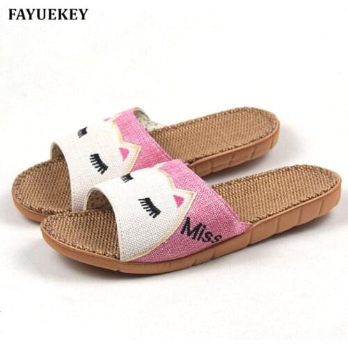 FAYUEKEY New Summer Animal Cat Miss Printed Home Linen Slippers Women Indoor\ Floor Non-slip Beach Slides Flat Shoes Girls Gift