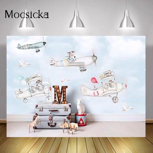 Aircraft Adventure Travelling Portrait Backdrop Newborn Kids Birthday Cake Smash Background Blue Sky White Cloud Photography