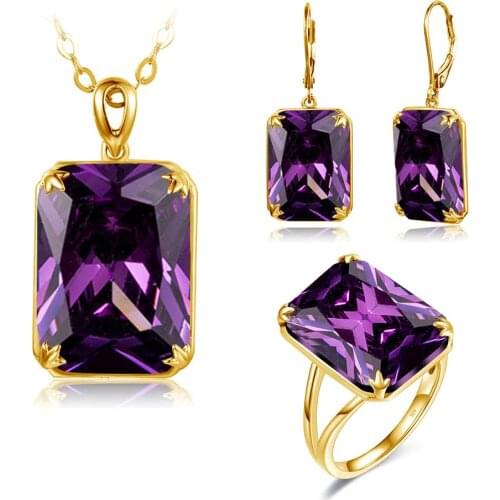 Szjinao Real 925 Silver Jewelry Sets for Women Sparkling Purple Amethyst Necklace Pendant Earrings Ring Set Luxury Fine Jewelry